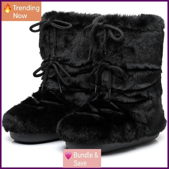 Faux Fur Lined Mid-Calf Snow Boots Non-Slip Lace-Up Ski Boots for Women